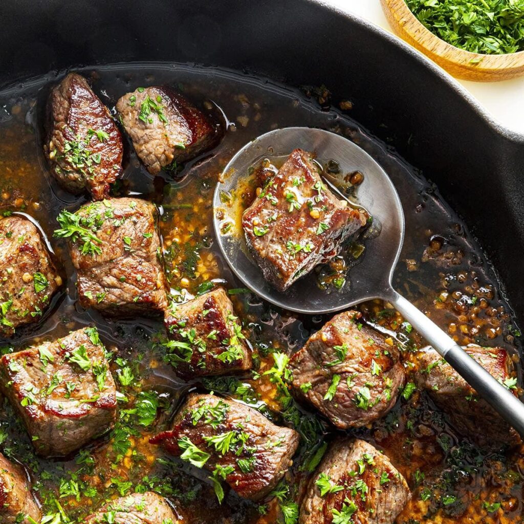 Garlic Butter Steak Tips with Cheesy Rigatoni